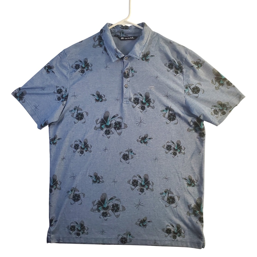 Travis Mathew Mens XL Blue Floral Print Pima Cotton Blend Golf Polo Shirt